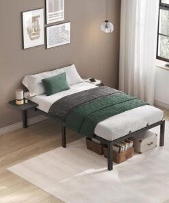 VASAGLE Marco de Cama, Estructura de Cama de Metal, con Estantes de Almacenamiento, Invitados, para Colchón de 90 x 190 cm, Fácil Montaje, Negro Tinta RMB091B01