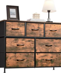 Somdot Comoda Dormitorio, Cajonera con Cajones de Tela, Armario para Salón, Estudio y Habitación Infantil, Gavetero, 30 Profundidad x 100 Ancho x 77 Alto (7 Cajones), Estampado de veta de Madera
