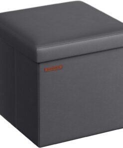 SONGMICS Puff Almacenaje de 38 cm, Banco de Almacenamiento Plegable con Tapa, Reposapiés, Cuero Sintético, Carga de 300 kg, para Entrada, Sala de Estar, Dormitorio, Gris Pizarra LSF010G01