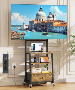 Soporte TV Ruedas con Enchufes 32-75" VESA 600x400, Marrón Vintage | Enchufes y Puertos USB, 3 Estantes y Cajón de Tela, Altura Regulable, Fácil Montaje, Soporte TV Pie Carga Máx 50kg