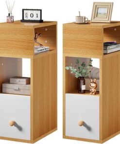 IBUYKE Mesitas de Noche Estrechas Pack 2,Natural WNS006N-2 | Mesilla de Noche con 2 Compartimentos y 1 Cajón,20x29x55 cm,Mesa Auxiliar para Dormitorio,Salón,Espacios Reducidos