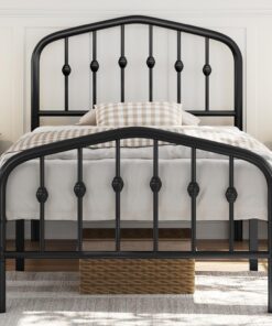 Yaheetech Marco de cama individual de 91 cm con cabecero de diseño inspirado en la corona/amplio espacio de almacenamiento debajo de la cama, color negro