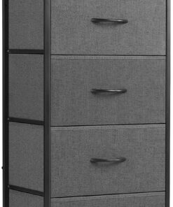 DUMOS Cómoda con cajones, cómoda y aparador para Dormitorio, Armario de Cocina con 4 cajones, cómoda de Tela con Marco de Acero Estable, Ideal para Dormitorio, salón (Gris)