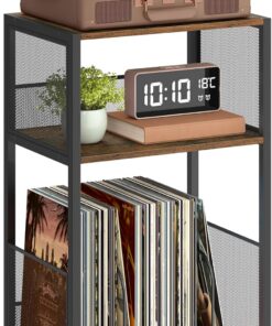 VASAGLE Soporte para tocadiscos, mesa auxiliar de 3 niveles, almacenamiento para discos de vinilo para hasta 100 álbumes, mesa auxiliar para salón, dormitorio, color marrón rústico ULET275K01
