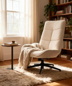 MEUBLE Cosy Sillón Relax de Salón, Silla Giratorio Moderna y Cómoda con Respaldo Reclinable, Altura Ajustable, Tela Suave, Patas Metálicas, Beige