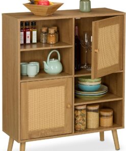 Relaxdays Aparador, Mueble Auxiliar, 2 Puertas Estilo Ratán, 4 Cajones Abiertos y Dos de Armario, 97x80x25 cm, Natural