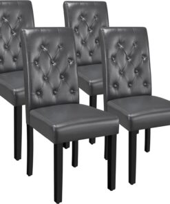 Yaheetech Juego de 4 sillas de Comedor Modernas Acolchadas de Piel sintética con Respaldo Alto con Botones Acolchados, Patas de Madera Maciza, Capacidad de Carga de 135 kg, Color Gris