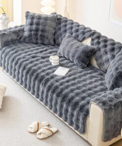 Funda para sofá de piel sintética, funda de sofá de felpa de conejo, funda antideslizante para sofá protector de muebles (gris oscuro, funda de sofá de 4 plazas, 36 x 82 pulgadas)