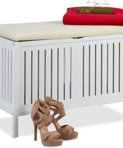Relaxdays Banco con Almacenaje, Tapizado, 80 L Almacenamiento, Estilo Casa de Campo, Madera, Asiento 56x78x39 cm, Blanco