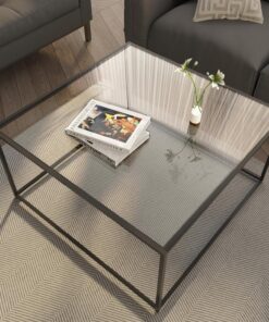 Mesa de centro de cristal moderna, mesa de centro minimalista, mesa de té lateral para sala de estar, parte superior de vidrio templado con marco de metal resistente, fácil montaje, 26.4 x 26.4 x 15.7