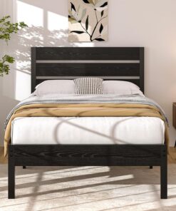 VECELO Estructura de Cama de 90 x 200 cm, Cama de Metal con cabecero de Madera Gruesa y somier, Cama Doble con Espacio de Almacenamiento Debajo de la Cama, Dormitorio, Color Negro
