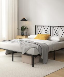 Zinus Elias Somier 135x190 cm - Altura 30 cm - Base Cama Matrimonio en Acero con Cabecero - Láminas de Metal - Montaje Fácil- Espacio de Almacenamiento - Negro