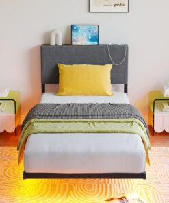 HOMERECOMMEND Cama de 90 x 200 cm, efecto visual flotante, marco de cama con iluminación LED y estación de carga, estructura doble de 90 x 200 cm con espacio de almacenamiento, cabecero alto y somier