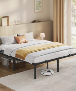 VASAGLE Marco de Cama Matrimonio, Estructura de Cama de Metal, con Estantes de Almacenamiento, Invitados, para Colchón de 160 x 200 cm, Fácil Montaje, Negro Tinta RMB095B01