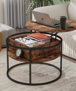 Hojinlinero mesa de centro redonda regulable en altura con espacio de almacenamiento oculto y café con placa elevadora, madera para salón y oficina