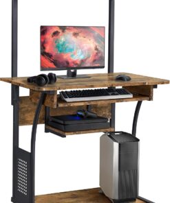 Yaheetech Mesa Ordenador con Ruedas 3 Niveles de Estantería Marrón Rústico | Escritorio PC, Muebles Oficina, Madera Industrial y Acero, 80x50x132cm, con Bandeja Extraíble para Teclado y Estantería