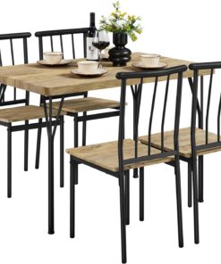 Yaheetech Juego Mesa y 4 Sillas de Comedor Madera y Metal 110X70 cm Marrón | Conjunto Mesa y 4 Sillas de Comedor, Tablero de 4 cm, Sillas Apilables, Estilo Industrial,para Cocina Pequeña, Terraza