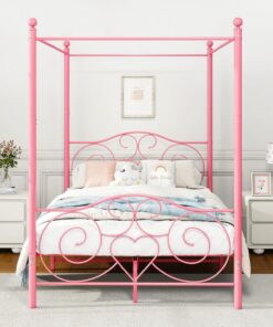 Plataforma de marco de cama doble con dosel de 135 x 190 cm, marco de cama doble con cabecero y estribo vintage, listones de acero resistente y soporte con base de colchón, color rosa