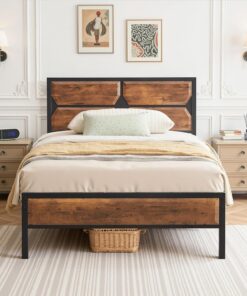 VECELO Estructura de Cama de 90 x 200 cm, Cama de Metal con cabecero de Madera Gruesa y somier, Cama Doble con Espacio de Almacenamiento Debajo de la Cama, Dormitorio, marrón Vintage