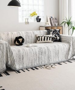 WEYOND Funda de sofá y borlas de chenilla, 180 x 380 cm, color blanco | Funda reversible para sofá modular en forma de L, 2, 3, 4 plazas, diseño a rayas apto para mascotas