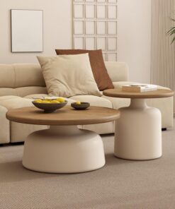 Juego de 2 Mesas de Café Redondas,Mesa de Centro de Sofá de Salón,con Escritorio Grande e Base de Acero Al Carbono,para Salón Comedor Sala de Estar(White+Natural)