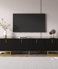 ModernLuxe Muebles de TV para sala de estar, elegante mueble de TV con 4 puertas texturizadas, estantes integrados para almacenamiento, elegante armario de soporte con asas doradas y patas de forma