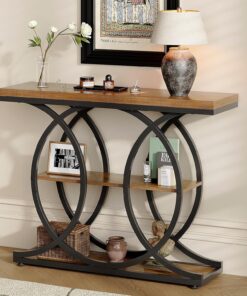 Tohomeor Mesa consola estrecha para el pasillo 105x30, Mesa de sofá industrial de 3 niveles con base redonda, Mesa auxiliar de madera con compartimentos de almacenamiento para sala de estar, pasillo