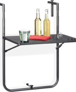 Relaxdays Mesa Plegable Balcón, 3 Alturas, Mesita Colgante Efecto Ratán 59,5 x 36 cm, Mueble Exterior Barandilla, Negro