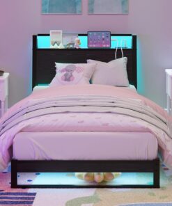 Cama de 90 x 200 cm con cabecero ergonómico con espacio de almacenamiento, cama individual de metal, estructura de cama con estación de carga e iluminación LED, ideal para dormitorio