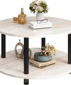 Mesa de centro redonda, 2 estantes, mesa de salón, mesa auxiliar, mesa de café, mesa de sofá, para salón, dormitorio, estructura de metal resistente, tablero de fibra de densidad media, 60 x