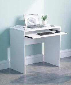 Vida Designs Huby - Escritorio pequeño para ordenador, oficina en casa, mesa compacta para PC/ordenador portátil, portátil de estudio, estación de trabajo con bandeja de teclado, muebles, blanco