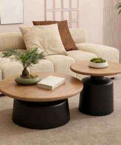 Juego de 2 Mesas de Café Redondas,Mesa de Centro de Sofá de Salón,con Escritorio Grande e Base de Acero Al Carbono,para Salón Comedor Sala de Estar(Black+Natural)