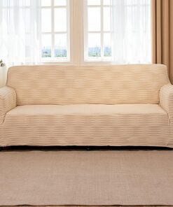 TIANSHU Funda Sofa 3 Plazas Ajustable de Jacquard – Funda Sillón Elasticas Cubre Sofá Fundas para Sofá Funda para Sillón Spandex Antideslizante Antimanchas Lavable (Estampado Ondulado, Beige)