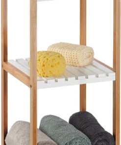 Relaxdays Estantería de baño, Tres estantes Abiertos, MDF, Sin Taladro, Bambú, Marrón y Blanco, 72x30x29 cm