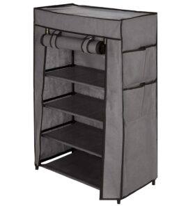 AKTIVE Max Home Armario zapatero tela, 60x30x90 cm, 4 estantes, 4 bolsillos, Cubierta enrollable, Funda extraíble gris, Peso soportado 10 kg, Muebles camping, Estancia temporal (18817)