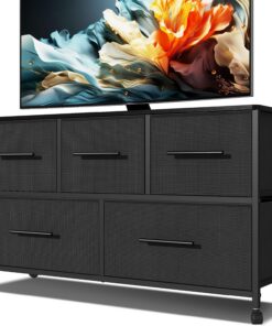 Cajonera, Cómoda para Dormitorio con 5 Cajones de Tela, Soporte de TV con 4 Ruedas, Unidad Organizadora de Almacenamiento para Sala de Estar Habitación de Niños (Negro)