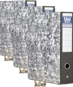 Unipapel | Archivador con Palanca y Caja | Tamaño Folio | Anillas 65mm Niqueladas | Ollao Frontal | Cantonera Larga | 35x29x7,5cm | Cartón Forrado | Jaspeado | Unisystem Novoclas (Paquete de 3)