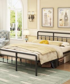 EMODA Camas 150 x 190 cm con cabecero y piecero, Marco de Cama de Metal con Soporte de Lamas de Acero, Altura 46 cm, Montaje Fácil, Libre de Ruidos, Negro