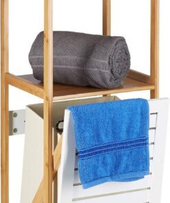 Relaxdays Estantería de Baño con Cesto para Colada, Beige-Blanco, Bambú-Tela, 130 x 37 x 33 cm