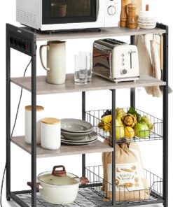 VASAGLE Estantería de Cocina con Enchufes, 2 Cestas de Malla, Estantería para Microondas, con Estantes y Ganchos, 35 x 80 x 93,5 cm, Estilo Industrial, Greige Mélange y Negro Tinta KKS196K02