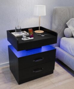 MONGMON Mesita de noche LED con estación de carga, mesita de noche de madera negra con cajón y puertos USB, mesita de noche moderna para dormitorio
