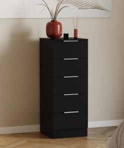 Vida Designs Trega - Cómoda estrecha de 5 cajones, color negro, unidad de almacenamiento delgada para ahorrar espacio, 90 x 34,5 x 36 cm, soporte antiarco, asas plateadas, corredores deslizantes, para