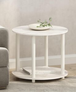 Furinno Turn-N-Tube Mesa Auxiliar Redonda de 2 Niveles con Estante Abierto, mesita de Noche, Montaje sin Herramientas, para Sala de Estar, Dormitorio, mármol Blanco