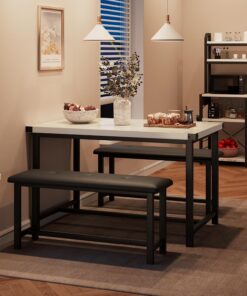 Mesa de comedor con 2 bancos tapizados, juego de comedor compacto de 4 plazas, marco de metal, rectangular, pequeño ahorro de espacio, muebles de comedor de cocina para espacios pequeños