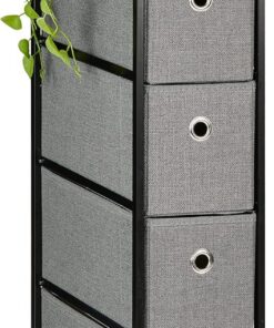 Relaxdays Estantería de Poco Fondo, Cajonera Estrecha, 4 Cajones Tela, 76 x 20 x 48 cm, Diseño Industrial, Marron y Gris