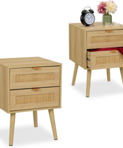 Relaxdays Mesita de Noche, Cajones, Set de 2, Estilo Ratán, Mesilla Dormitorio Efecto Madera, 55 x 40 x 41,5 cm, Natural | Mesita de noche, 2 cajones, 55 x 40 x 41,5 cm, dormitorio