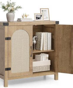 Gabinete de ratán para bufé de 31.5 x 13.8 x 33.1 pulgadas con almacenamiento, armario de cocina con puertas, aparador bohemio de granja con estantes ajustables y asa para cocina, sala de