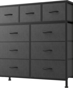 DUMOS Cómoda para dormitorio, cómoda y cómoda, organizador de tocador, mueble de mesa superior de madera con 9 unidades de torre de almacenamiento de tela, cómoda para armario, sala de estar, pasillo