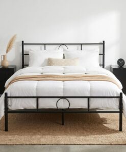 FurnitureR Marco de cama doble de metal negro con cabecero decorativo, listones de acero resistente, soporte sin ruido, no necesita somier, fácil montaje