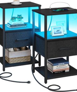 TUTOTAK Juego de 2 mesitas de noche LED con estación de carga, mesa auxiliar, mesita de noche con cajón de tela, mesa auxiliar para sala de estar y dormitorio, color negro TB01BK0692L